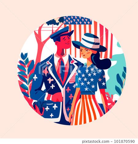 people wearing cloth similar USA flag man and woman in american clothes standing together independence day celebration 101870590