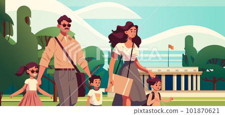 parents and little children walking together in urban park mother father and kids standing together parenthood big family 101870621