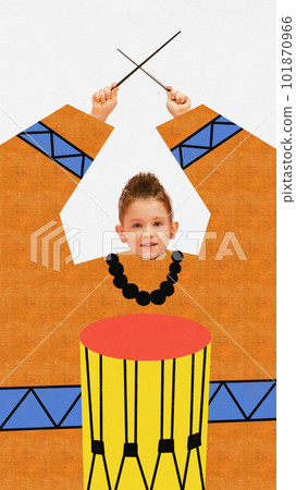 Contemporary art collage with one little boy, musician playing on drums on white background with pencil sketch. Cute drummer Contemporary art collage with one little boy, musician playing on drums on white background with pencil sketch. Cute drummer 101870966