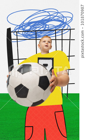 Contemporary art collage with little boy, football player wearing sports wear over white background with pencil sketch. Soccer match Contemporary art collage with little boy, football player wearing sports wear over white background with pencil sketch. Soccer match 101870987