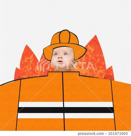 Contemporary art collage with one little cute girl wearing special firefighter uniform isolated over white background. Creative artwork 101871005