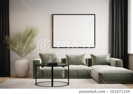 Contemporary living room interior with poster frame mockup. created with Generative AI 101871144