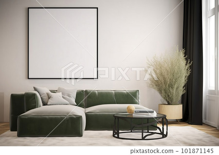Contemporary living room interior with poster frame mockup. created with Generative AI 101871145