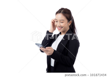 Portrait young asian businesswoman using smartphone isolated on white background. 101871434