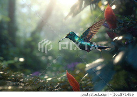Flying hummingbird with colorful feathers in a natural garden habitat, surrounded by flora and fauna in Costa Rica. AI Generative. Flying hummingbird with colorful feathers in a natural garden habitat, surrounded by flora and fauna in Costa Rica. AI Generative. 101871499