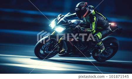 Mad Rider on a Motorcycle Racing at High Speed on Modern Racetrack. created with Generative AI 101871545