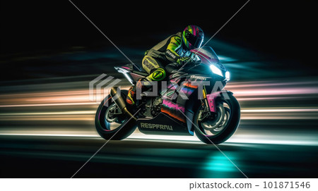 Mad Rider on a Motorcycle Racing at High Speed on Modern Racetrack. created with Generative AI Mad Rider on a Motorcycle Racing at High Speed on Modern Racetrack. created with Generative AI 101871546
