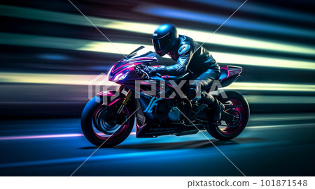 Mad Rider on a Motorcycle Racing at High Speed on Modern Racetrack. created with Generative AI Mad Rider on a Motorcycle Racing at High Speed on Modern Racetrack. created with Generative AI 101871548