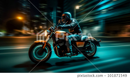 High-speed motorcycle rider racing through a beautiful city at night. created with Generative AI High-speed motorcycle rider racing through a beautiful city at night. created with Generative AI 101871549
