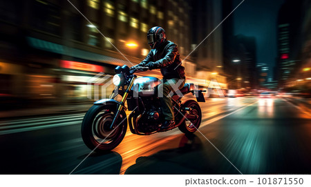 High-speed motorcycle rider racing through a beautiful city at night. created with Generative AI High-speed motorcycle rider racing through a beautiful city at night. created with Generative AI 101871550