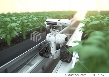 Smart Robotic Farmers Revolutionizing Agriculture. created with Generative AI 101871578