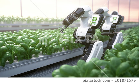 Smart Robotic Farmers Revolutionizing Agriculture. created with Generative AI 101871579