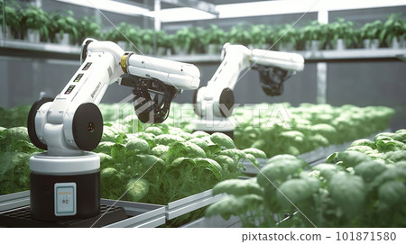 Smart Robotic Farmers Revolutionizing Agriculture. created with Generative AI 101871580