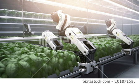 Smart Robotic Farmers Revolutionizing Agriculture. created with Generative AI 101871583