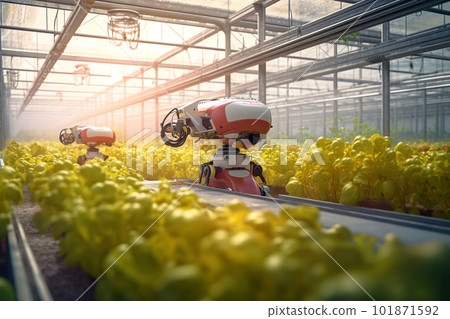 Smart Robotic Farmers Revolutionizing Agriculture. created with Generative AI 101871592