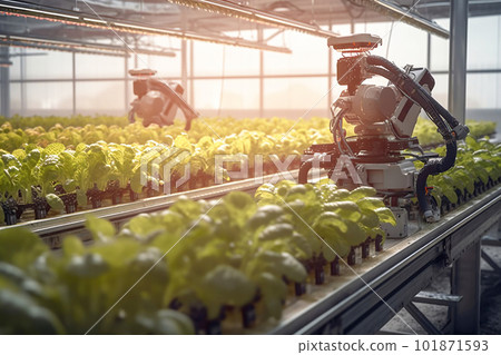 Smart Robotic Farmers Revolutionizing Agriculture. created with Generative AI 101871593