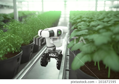 Smart Robotic Farmers Revolutionizing Agriculture. created with Generative AI 101871595