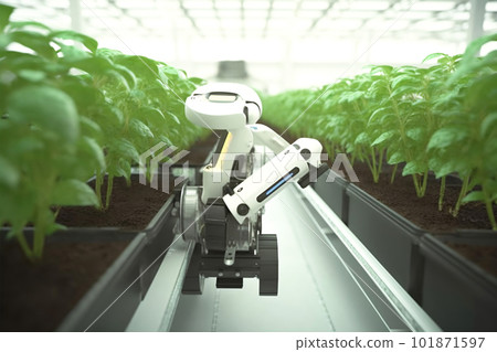 Smart Robotic Farmers Revolutionizing Agriculture. created with Generative AI 101871597