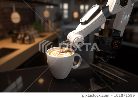 Robot arm serving hot coffee in a coffee shop. created with Generative AI Robot arm serving hot coffee in a coffee shop. created with Generative AI 101871599