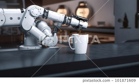 Robot arm serving hot coffee in a coffee shop. created with Generative AI 101871609
