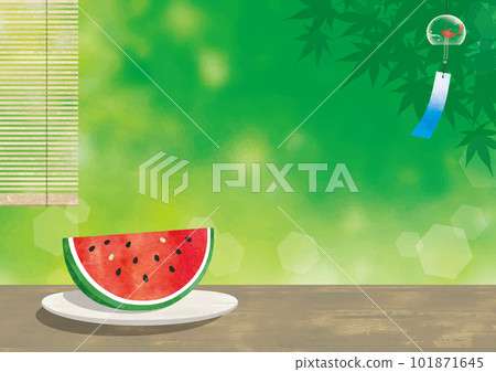 Refreshing summer blinds, watermelon and wind chime background watercolor vector 101871645