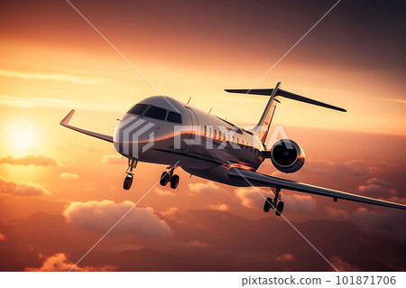 Private Jet Soaring Through a Stunning Sunset Sky. created with Generative AI 101871706