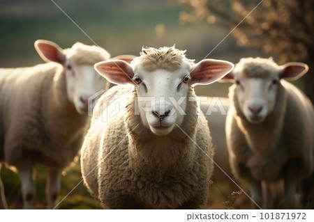 Serene Sheep Grazing on Lush Pasture Farm in the Countryside. created with Generative AI Serene Sheep Grazing on Lush Pasture Farm in the Countryside. created with Generative AI 101871972