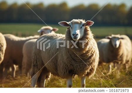 Serene Sheep Grazing on Lush Pasture Farm in the Countryside. created with Generative AI 101871973