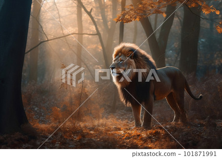 Majestic lion standing still in the forest. created with Generative AI 101871991