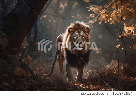 Majestic lion standing still in the forest. created with Generative AI 101871994