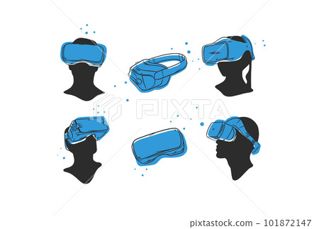 Hand drawn vector abstract graphic line art collection with virtual reality technology headset devise and human silhouette. Human in virtual reality headset outline design. Concept of virtual reality. Hand drawn vector abstract graphic line art collection with virtual reality technology headset devise and human silhouette. Human in virtual reality headset outline design. Concept of virtual reality. 101872147