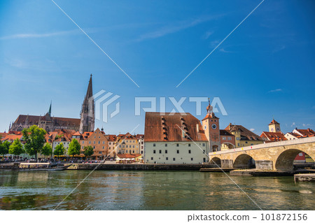 Regensburg Germany, city skyline at Old Town Altstadt and Danube River 101872156