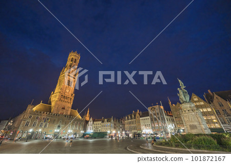 Bruges Belgium, night city skyline at Grote Markt Market Square with Belfry Tower Bruges Belgium, night city skyline at Grote Markt Market Square with Belfry Tower 101872167