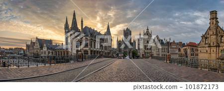Ghent Belgium, panorama sunrise city skyline at St Michael's Bridge (Sint-Michielsbrug) 101872173
