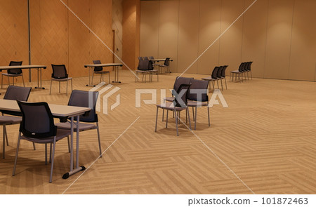 messily chairs in meeting room when the meeting finished, scattered chairs in meeting room after conference. 101872463
