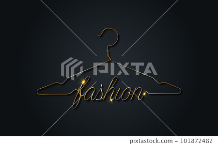 Creative fashion logo design. Gold vector sign with lettering and hanger symbol. Metallic Logotype calligraphy in line art style isolated on black background 101872482