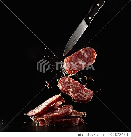 Appetizing slices of delicious salami in the air on a black background, a beautiful creative food background for packaging advertising Appetizing slices of delicious salami in the air on a black background, a beautiful creative food background for packaging advertising 101872483