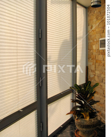 Pleated blinds with orange folded fabric on the window close up. On the windowsill stands home plant in yellow flower pot. Cordless bottom up top down pleated shade with white lower bar. 101872504