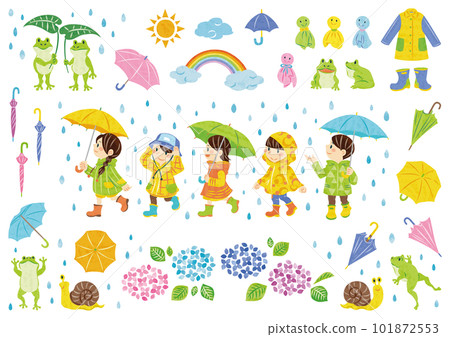 June rainy season children holding umbrellas set of illustration materials such as frogs and hydrangeas 101872553