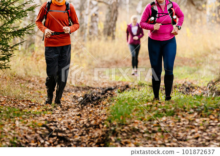 woman and man runners run autumn trail marathon on fallen leaves in forest, cross-country running race 101872637