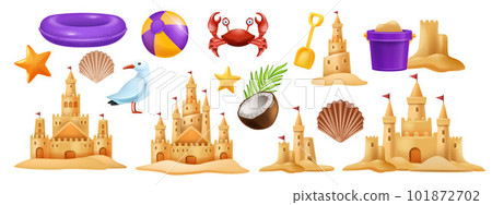 3D sand castle set, summer beach vacation vector clipart kit, kid bucket, red crab, starfish, ball.  101872702