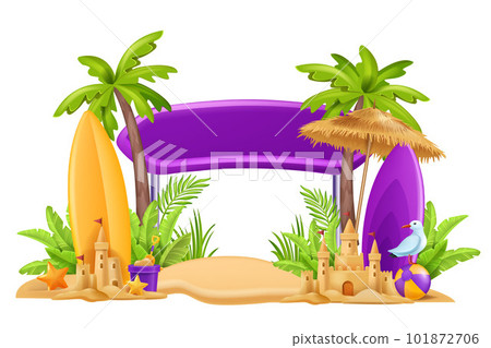 3D beach sign post, vector summer board, vacation travel frame, exotic palm tree, sand castle, gull 3D beach sign post, vector summer board, vacation travel frame, exotic palm tree, sand castle, gull 101872706