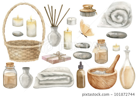 Spa set with bottles, towel, mortar and pestle. Hand drawn watercolor illustrations on isolated background for clipart or beauty cosmetic design. Big bundle for aromatherapy or alternative medicine. Spa set with bottles, towel, mortar and pestle. Hand drawn watercolor illustrations on isolated background for clipart or beauty cosmetic design. Big bundle for aromatherapy or alternative medicine. 101872744