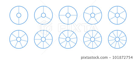Donut chart segments collection. Wheel diagrams set. Outline ring sections and slices pack. From 2 to 11 sectors of infographic charts. Different phases and stages of cycle. Vector Donut chart segments collection. Wheel diagrams set. Outline ring sections and slices pack. From 2 to 11 sectors of infographic charts. Different phases and stages of cycle. Vector 101872754