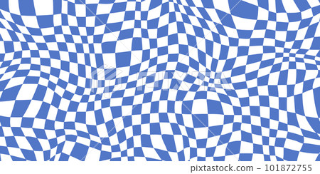 Retro distorted checkerboard background. Blue trippy psychedelic checkered wallpaper. Wavy groovy chessboard surface. Abstract twisted geometric pattern. Vector backdrop Retro distorted checkerboard background. Blue trippy psychedelic checkered wallpaper. Wavy groovy chessboard surface. Abstract twisted geometric pattern. Vector backdrop 101872755