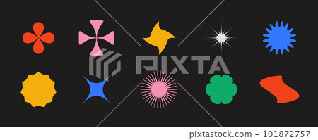 Primitive geometric shapes set. Abstract stars and flowers forms collection in Swiss or bauhaus style. Brutalist elements set for poster, banner, collage, icon, logo. Vector modern forms and signs. Primitive geometric shapes set. Abstract stars and flowers forms collection in Swiss or bauhaus style. Brutalist elements set for poster, banner, collage, icon, logo. Vector modern forms and signs. 101872757