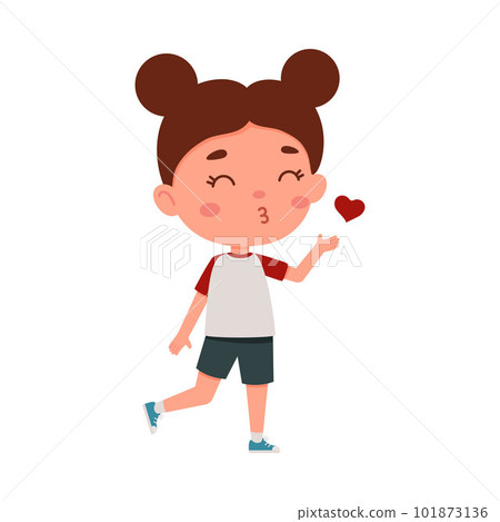 Cute little kid girl blowing a kiss. Cartoon schoolgirl character show facial expression. Vector illustration 101873136