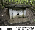 Dolmen. Rectangular structure made of stone slabs or carved into the rocks with a hole in the facade. Black Sea coast, Krasnodar area near Gelendzhik, Russia. 101873236