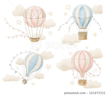 Hot Air Balloons watercolor set. Hand drawn bundle of illustrations for Baby Shower. Retro vintage aerostats in pastel blue and pink colors for kid greeting cards or invitations on isolated background Hot Air Balloons watercolor set. Hand drawn bundle of illustrations for Baby Shower. Retro vintage aerostats in pastel blue and pink colors for kid greeting cards or invitations on isolated background 101873331