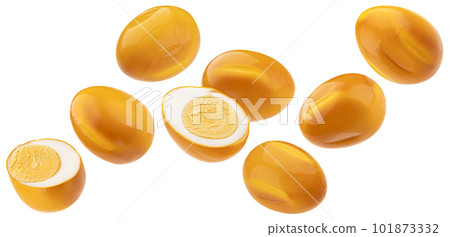 Falling smoked eggs isolated on white background Falling smoked eggs isolated on white background 101873332